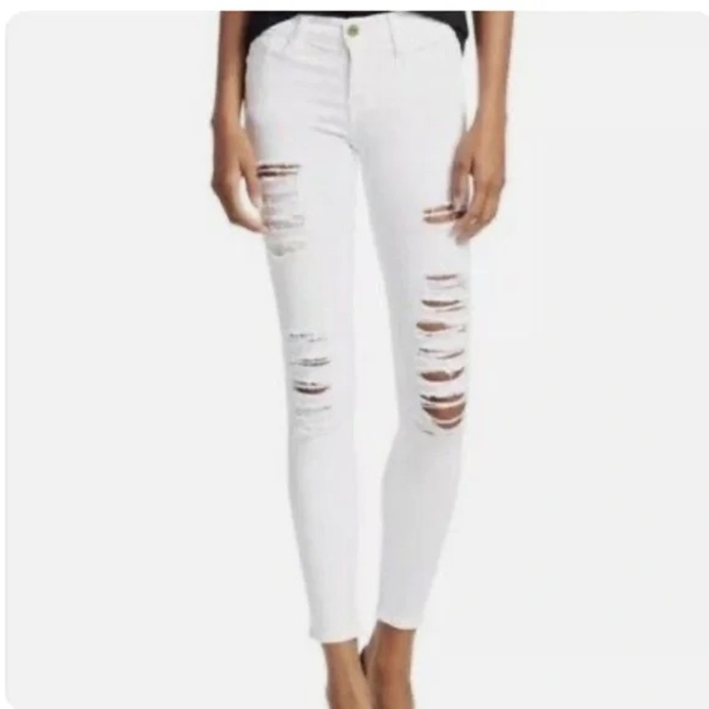 frame le skinny de jeanne white distressed jeans size 26